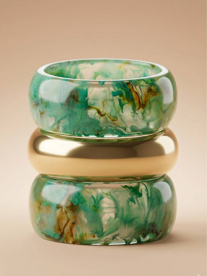 Green Marble Resin & Gold-Tone Bangles Set of 3