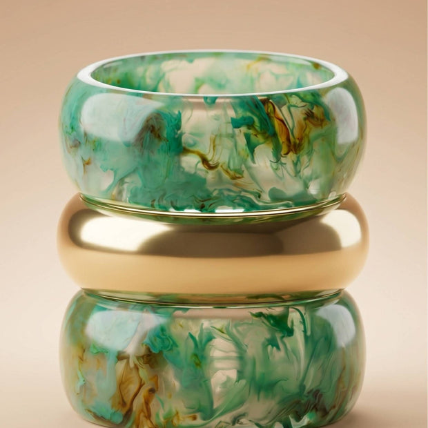 Green Marble Resin & Gold-Tone Bangles Set of 3