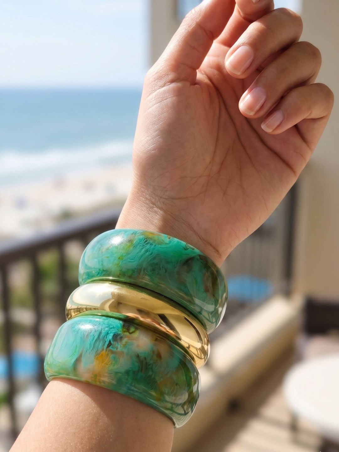 Green Marble Resin & Gold-Tone Bangles Set of 3