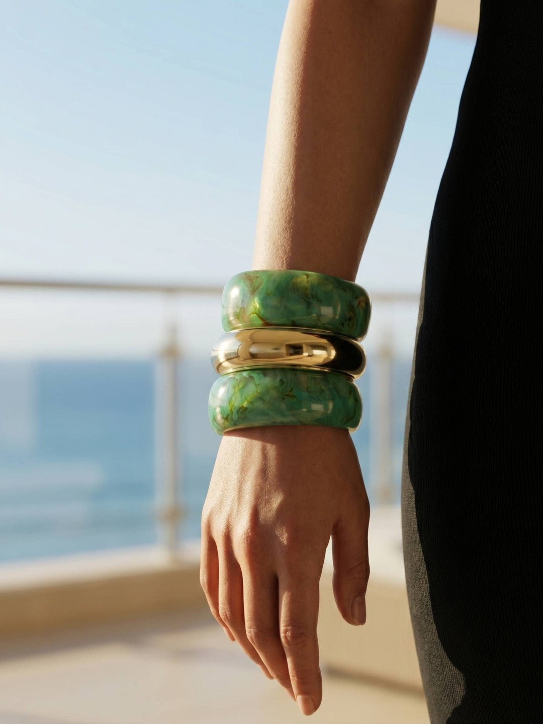 Green Marble Resin & Gold-Tone Bangles Set of 3
