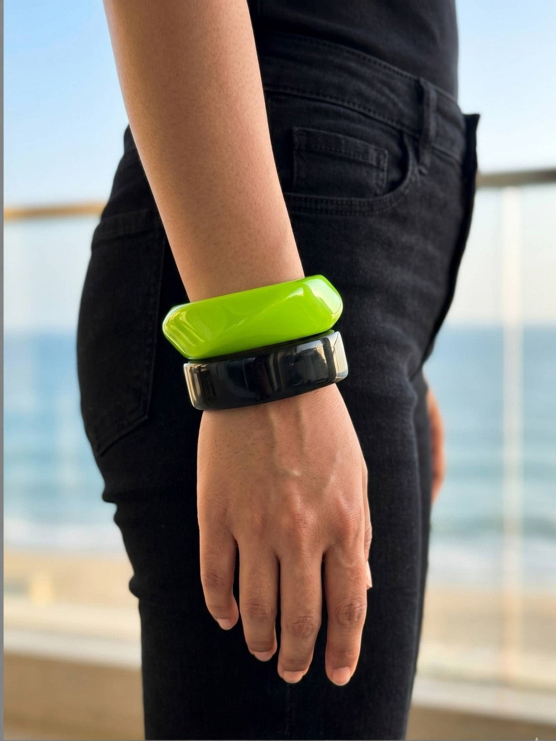 Lime Green & Black Resin Bangles Set of 2