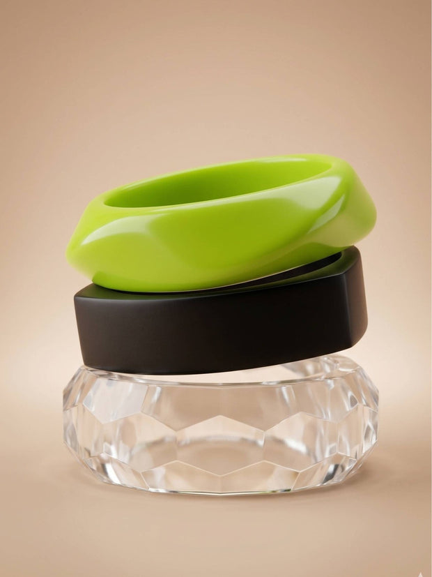 Acrylic Resin Bangles Clear Black Lime Green Set of 3