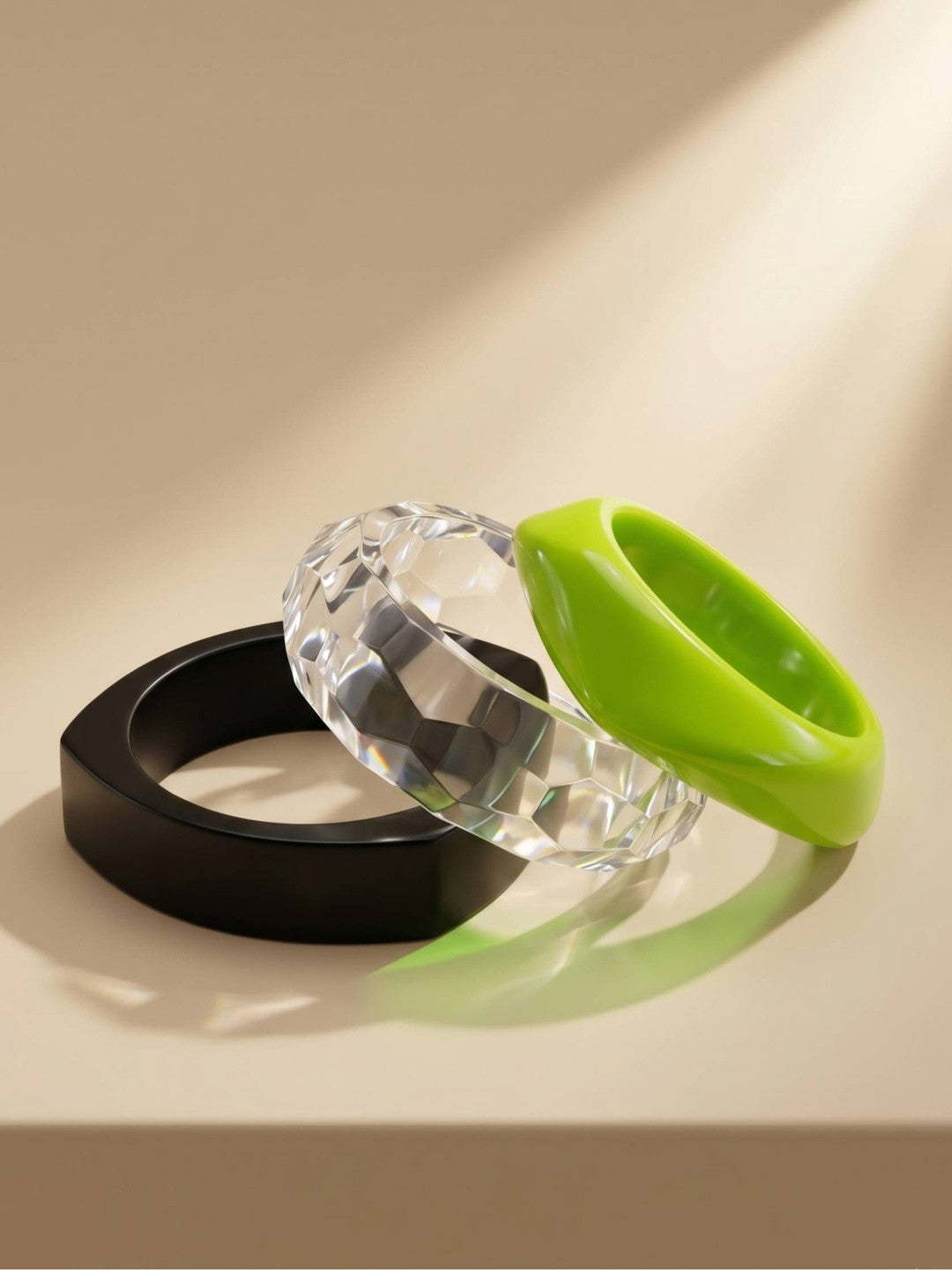Acrylic Resin Bangles Clear Black Lime Green Set of 3