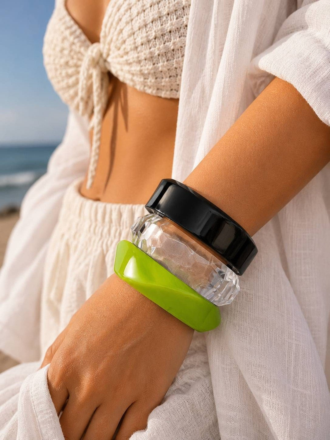 Acrylic Resin Bangles Clear Black Lime Green Set of 3