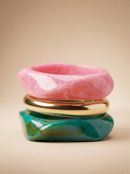 Marble Resin & Gold-Tone Chunky Bangles Set of 3