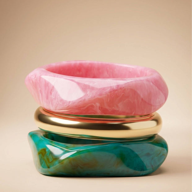 Marble Resin & Gold-Tone Chunky Bangles Set of 3