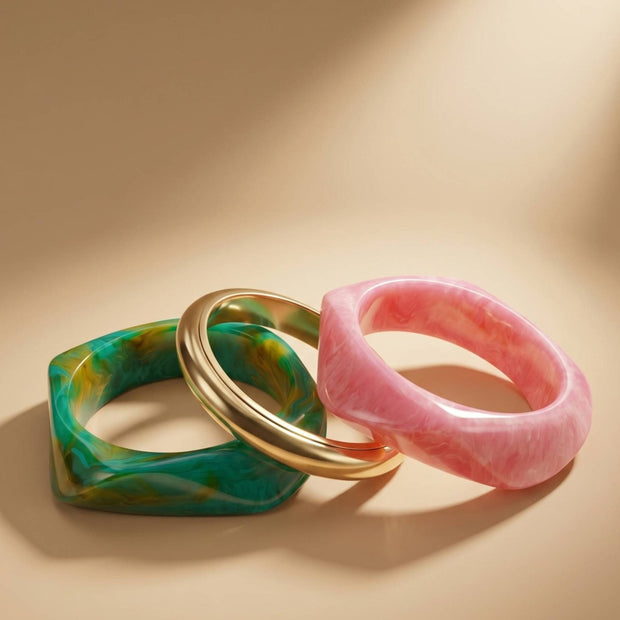 Marble Resin & Gold-Tone Chunky Bangles Set of 3