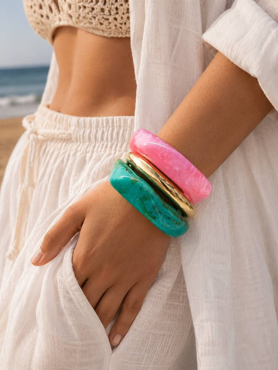 Marble Resin & Gold-Tone Chunky Bangles Set of 3