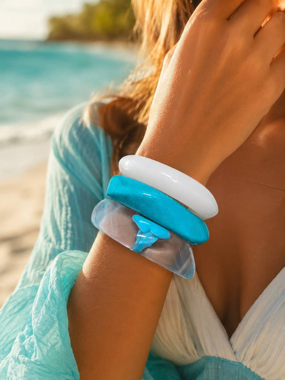Clear & Teal Resin Bangles for Women Set of 3