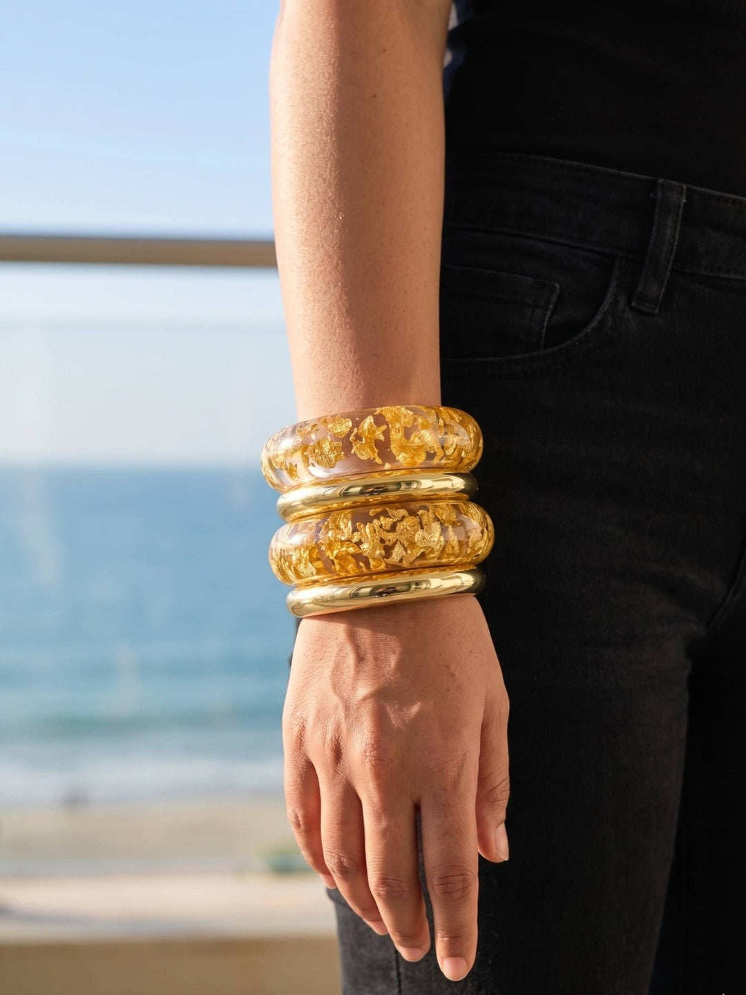 Gold Foil Clear Resin Bangles Set of 4