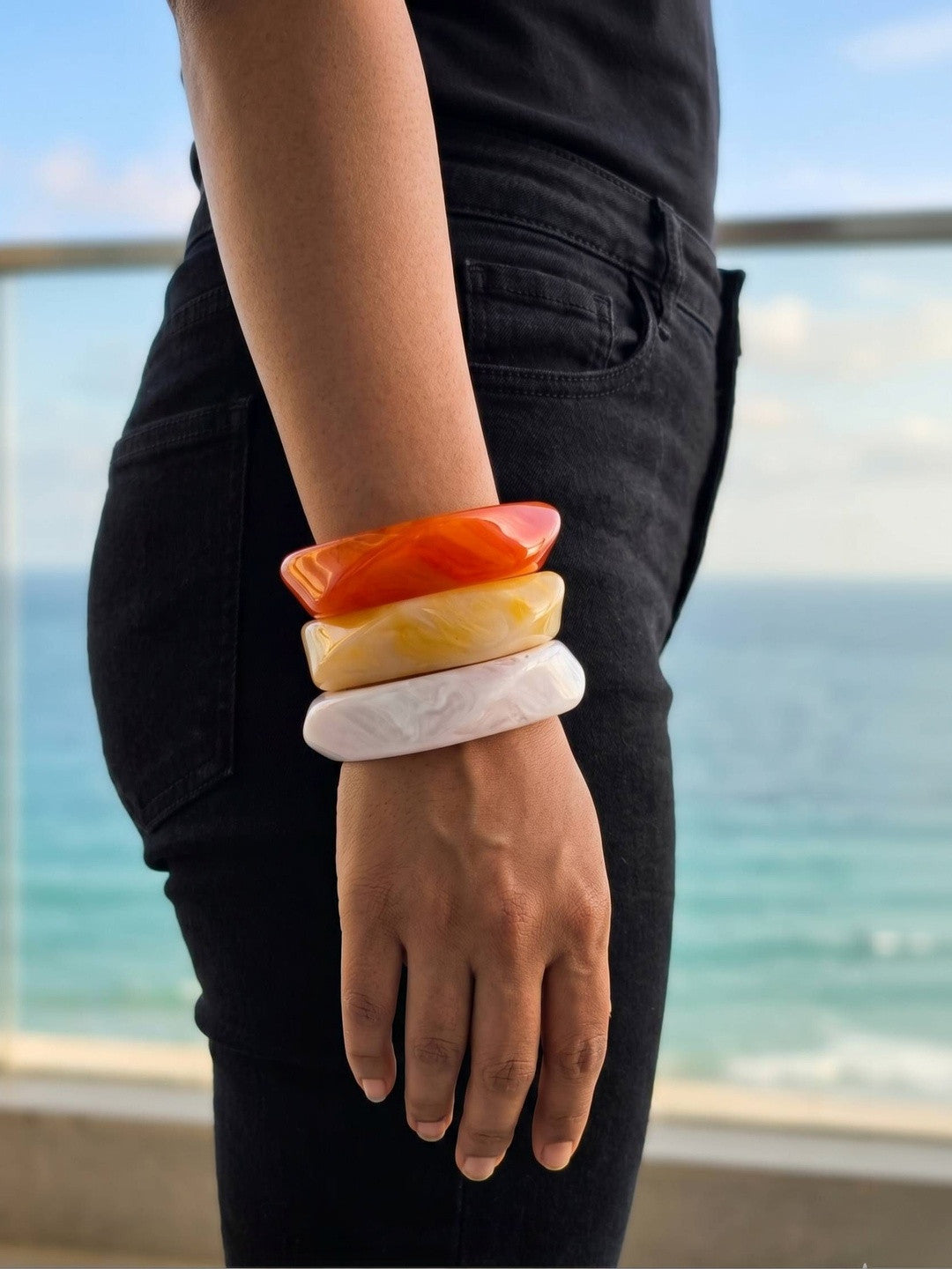 Marble Resin Chunky Bangles for Women Set of 3