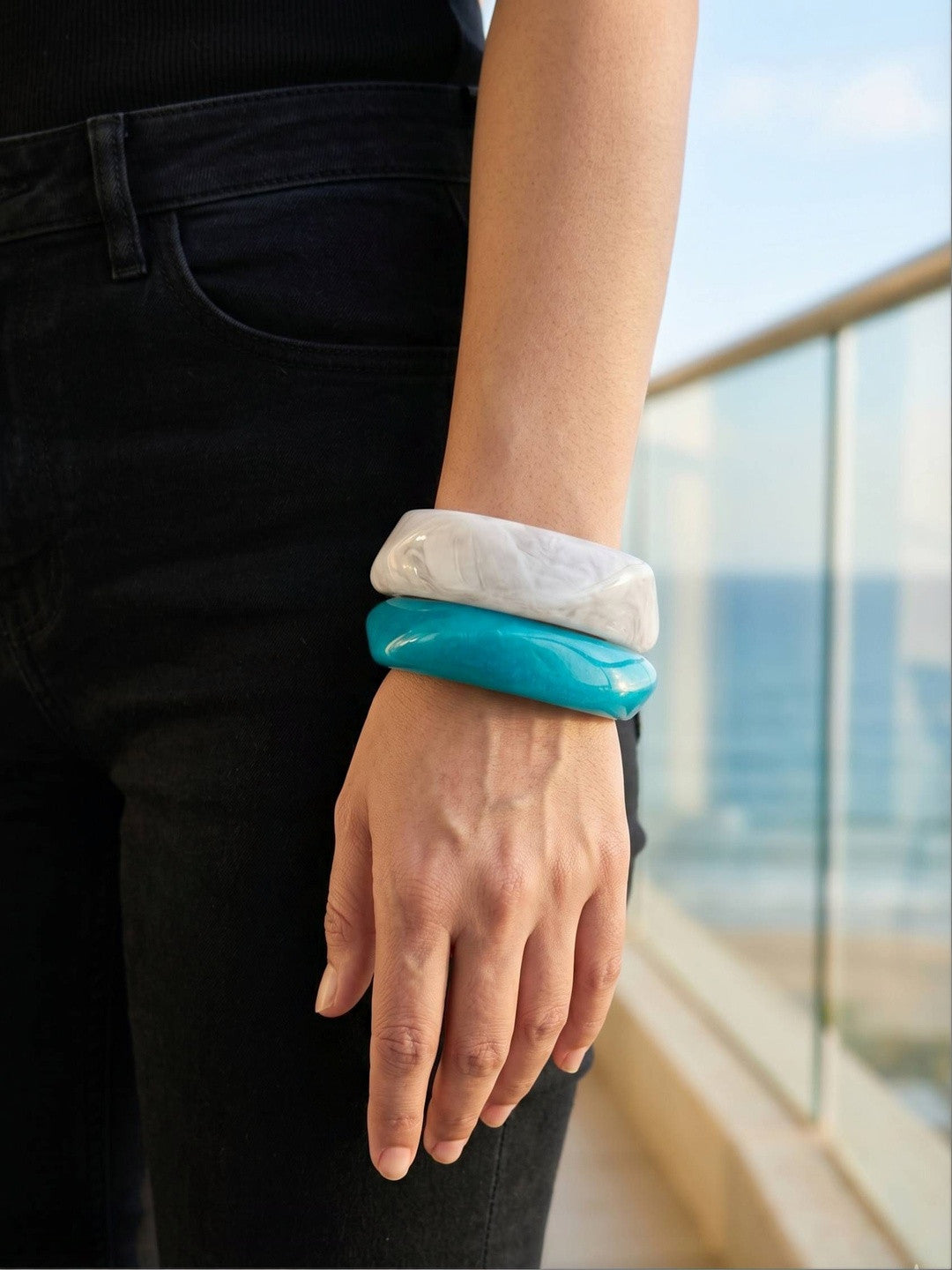 Teal & White Marble Resin Bangles Set of 2