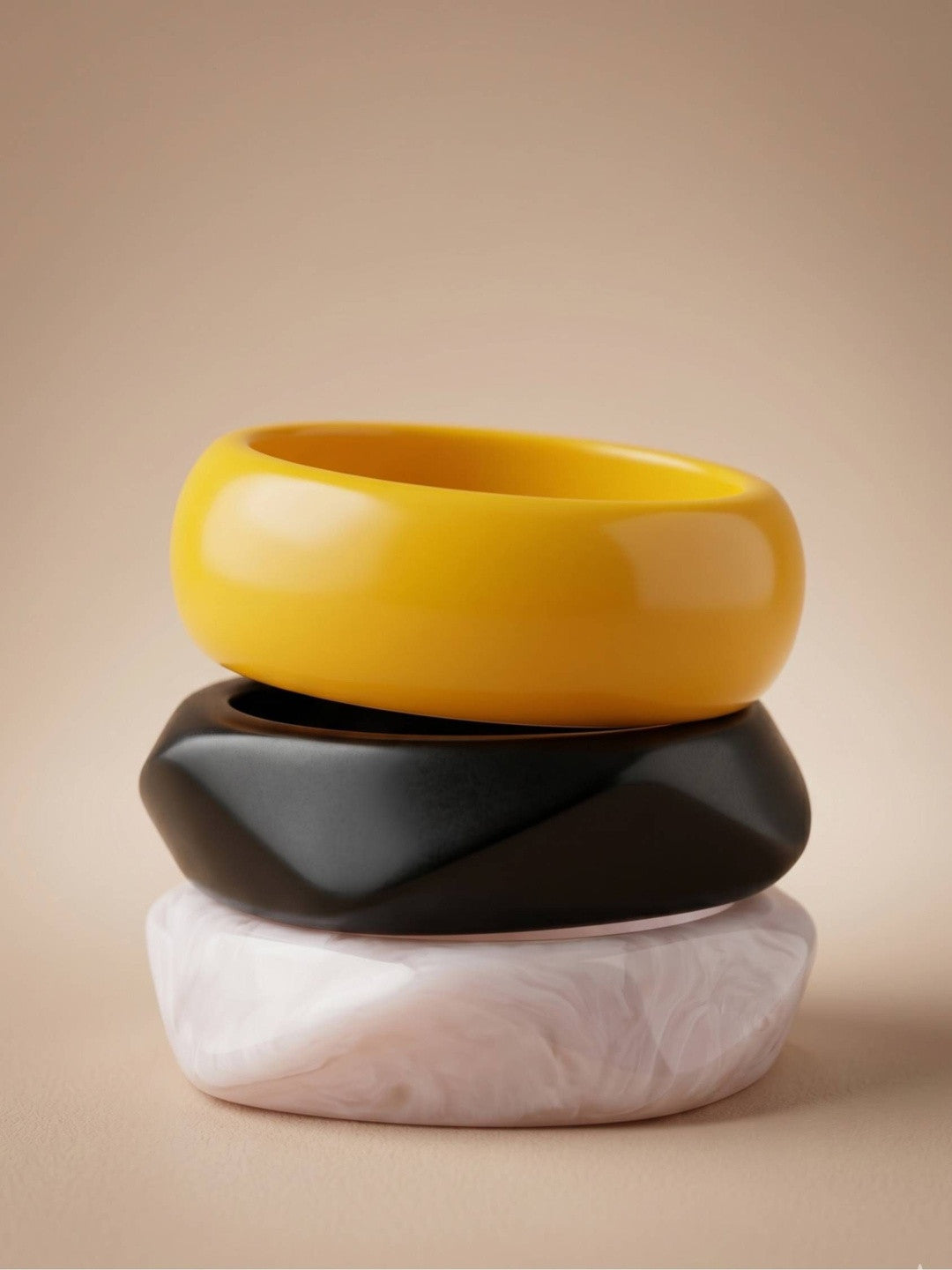 Resin Chunky Bangles Yellow Black Marble Set of 3