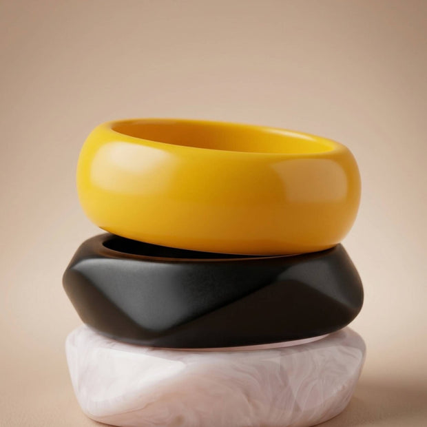 Resin Chunky Bangles Yellow Black Marble Set of 3