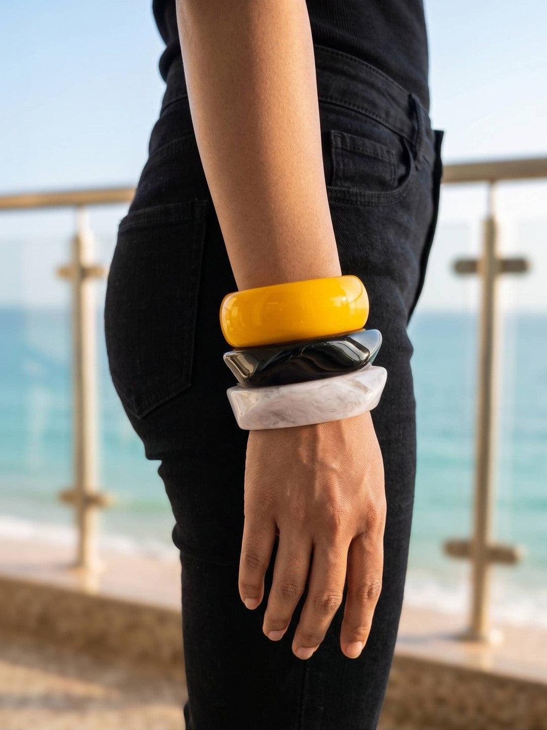 Resin Chunky Bangles Yellow Black Marble Set of 3