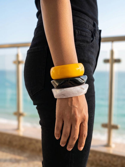 Resin Chunky Bangles Yellow Black Marble Set of 3