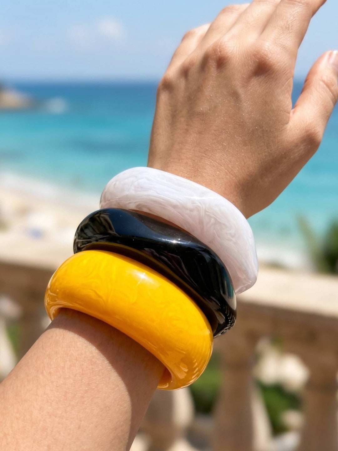Resin Chunky Bangles Yellow Black Marble Set of 3