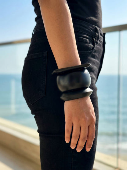 Black Wooden Sculptural Bangles Set of 3