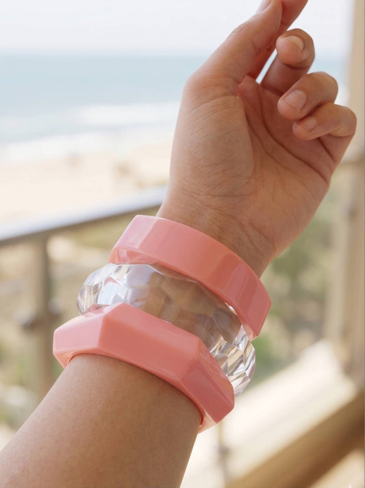 Pink Resin & Clear Crystal Bangles Set of 3