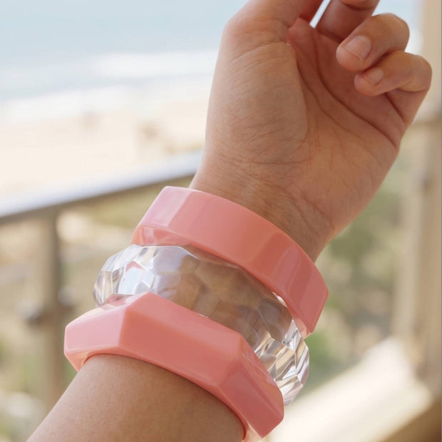 Pink Resin & Clear Crystal Bangles Set of 3