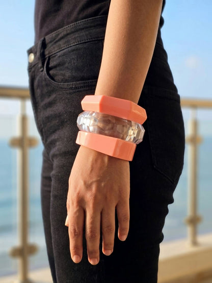 Pink Resin & Clear Crystal Bangles Set of 3