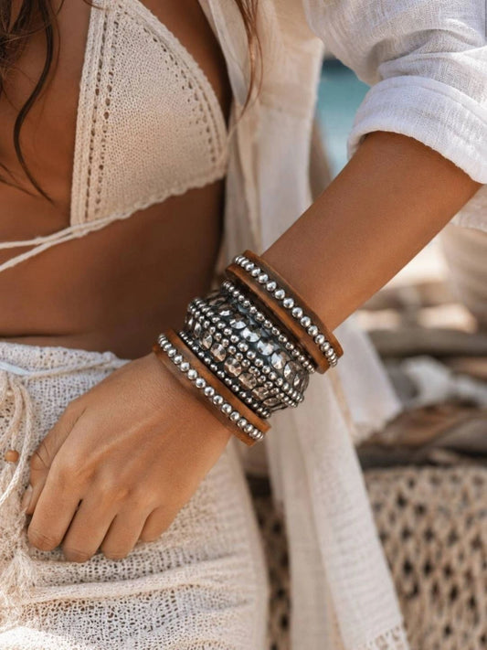 Oxidised Silver Wood Studded Bangles Set of 3