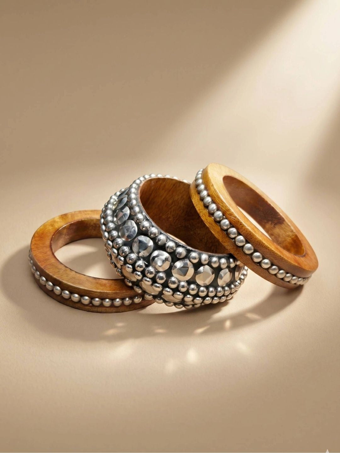 Oxidised Silver Wood Studded Bangles Set of 3