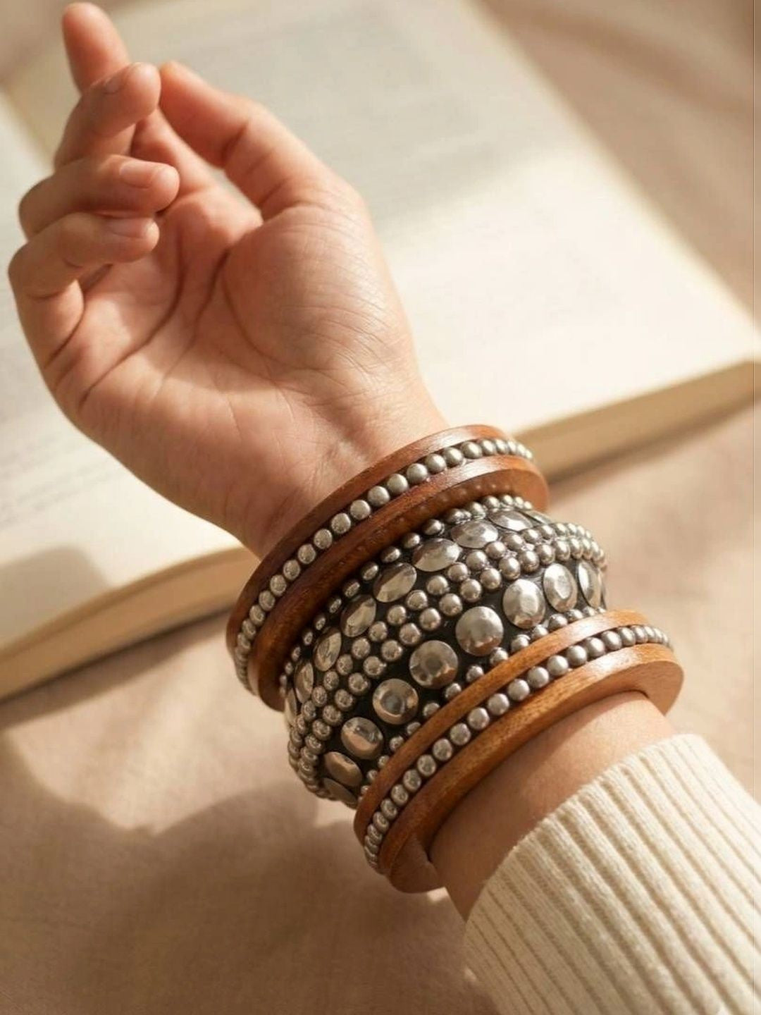 Oxidised Silver Wood Studded Bangles Set of 3