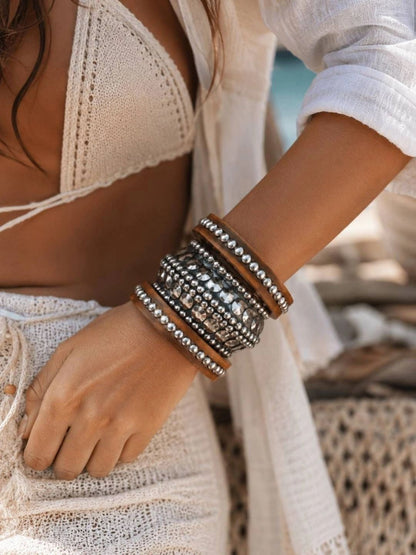 Oxidised Silver Wood Studded Bangles Set of 3