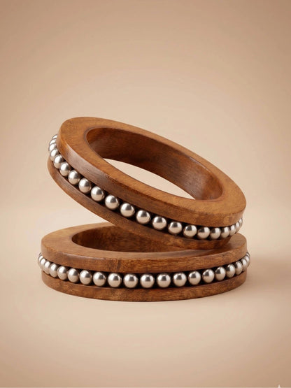 Oxidised Silver Wooden Bangles Set of 2