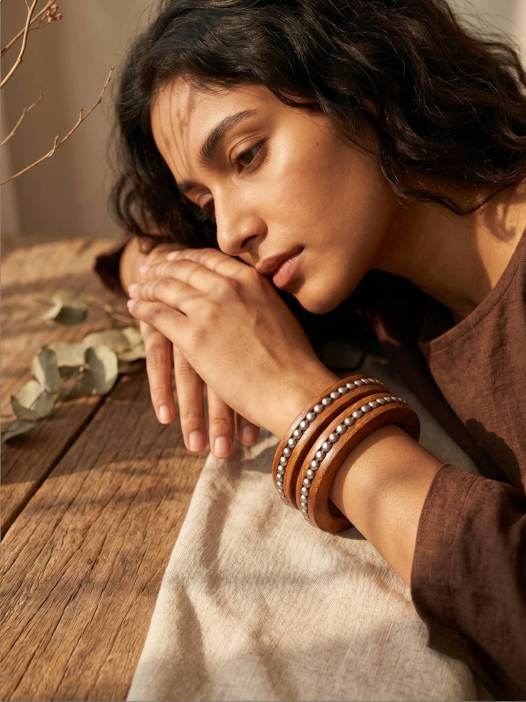 Oxidised Silver Wooden Bangles Set of 2