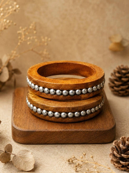 Oxidised Silver Wooden Bangles Set of 2