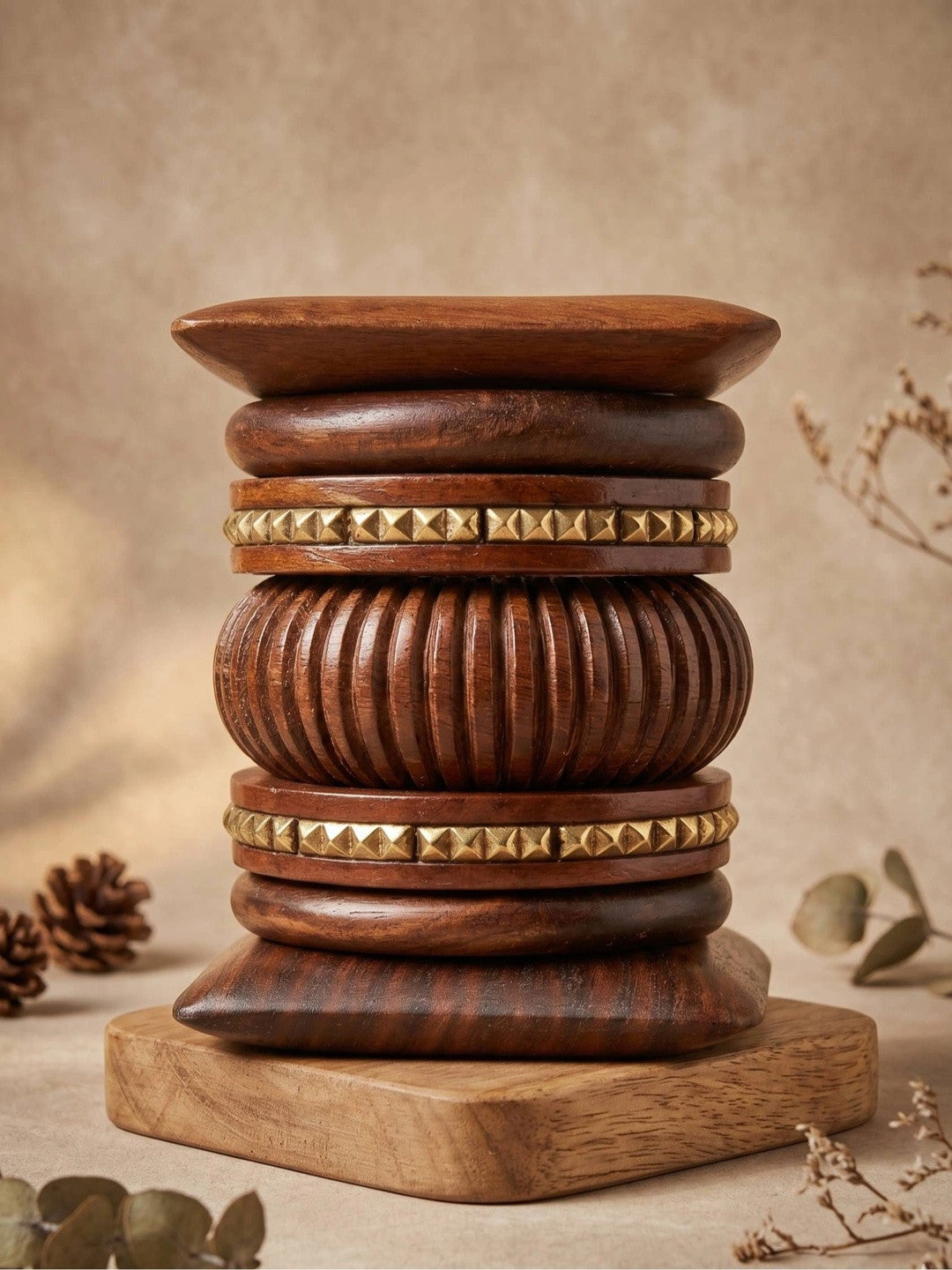 Carved Wood & Brass Stud Bangles Set of 6
