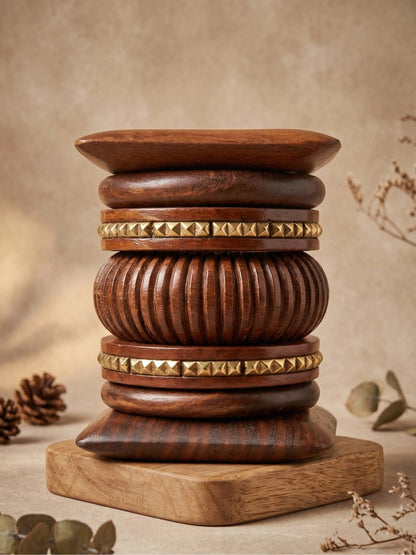 Carved Wood & Brass Stud Bangles Set of 6