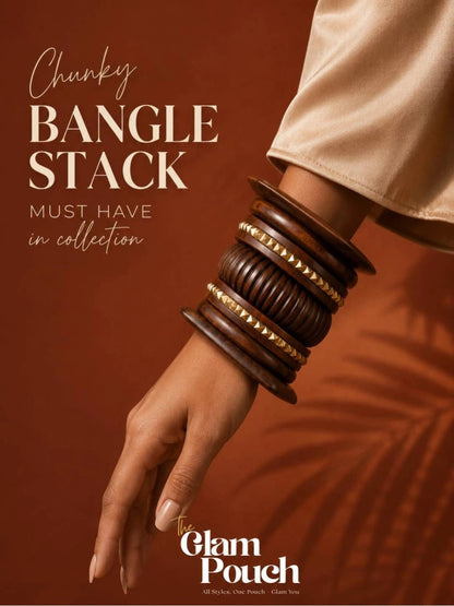 Carved Wood & Brass Stud Bangles Set of 6