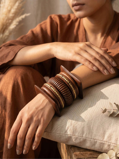 Carved Wood & Brass Stud Bangles Set of 6