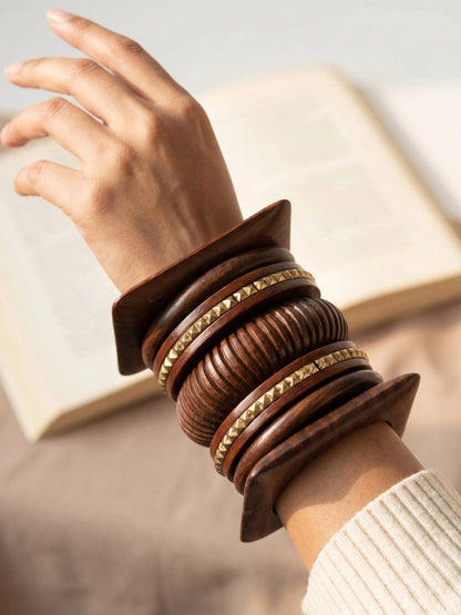 Carved Wood & Brass Stud Bangles Set of 6