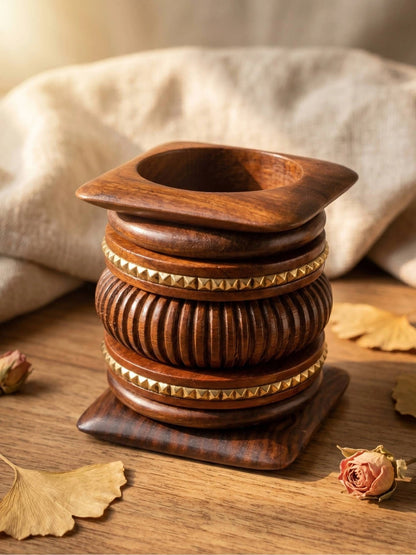 Carved Wood & Brass Stud Bangles Set of 6