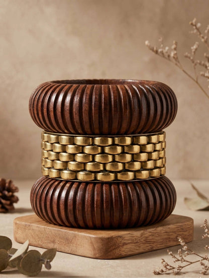 Wood & Gold-Tone Brass Chunky Bangles Set of 3