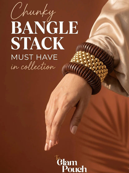 Wood & Gold-Tone Brass Chunky Bangles Set of 3
