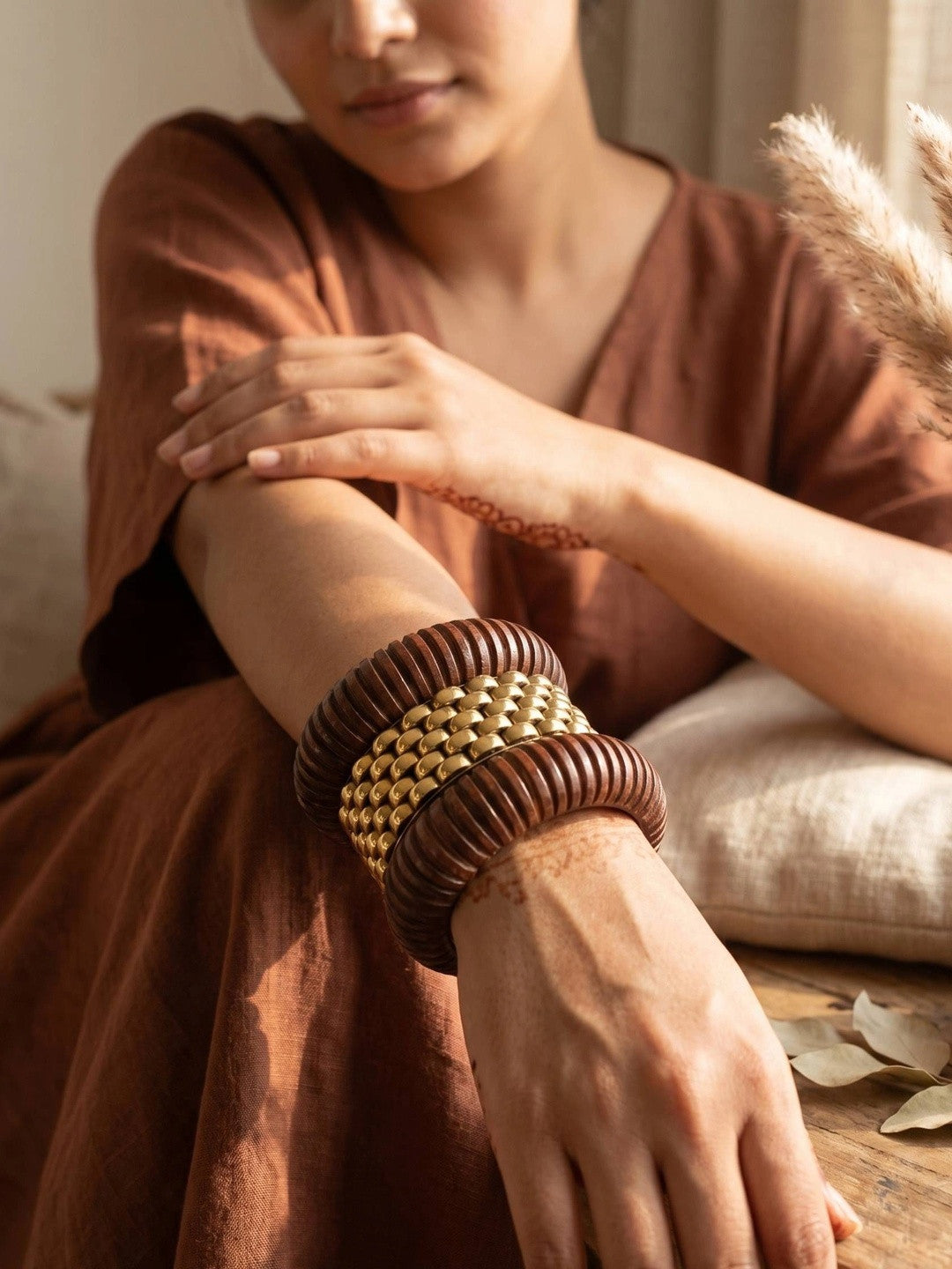 Wood & Gold-Tone Brass Chunky Bangles Set of 3