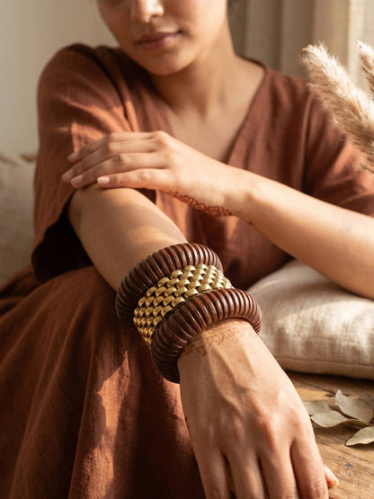 Wood & Gold-Tone Brass Chunky Bangles Set of 3