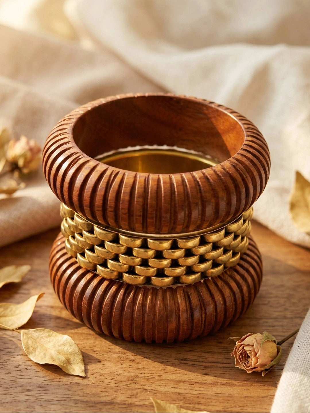 Wood & Gold-Tone Brass Chunky Bangles Set of 3