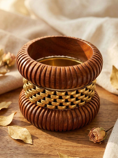 Wood & Gold-Tone Brass Chunky Bangles Set of 3