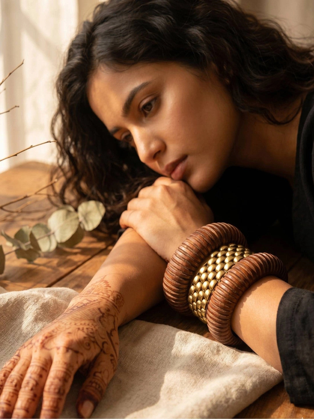 Wood & Gold-Tone Brass Chunky Bangles Set of 3