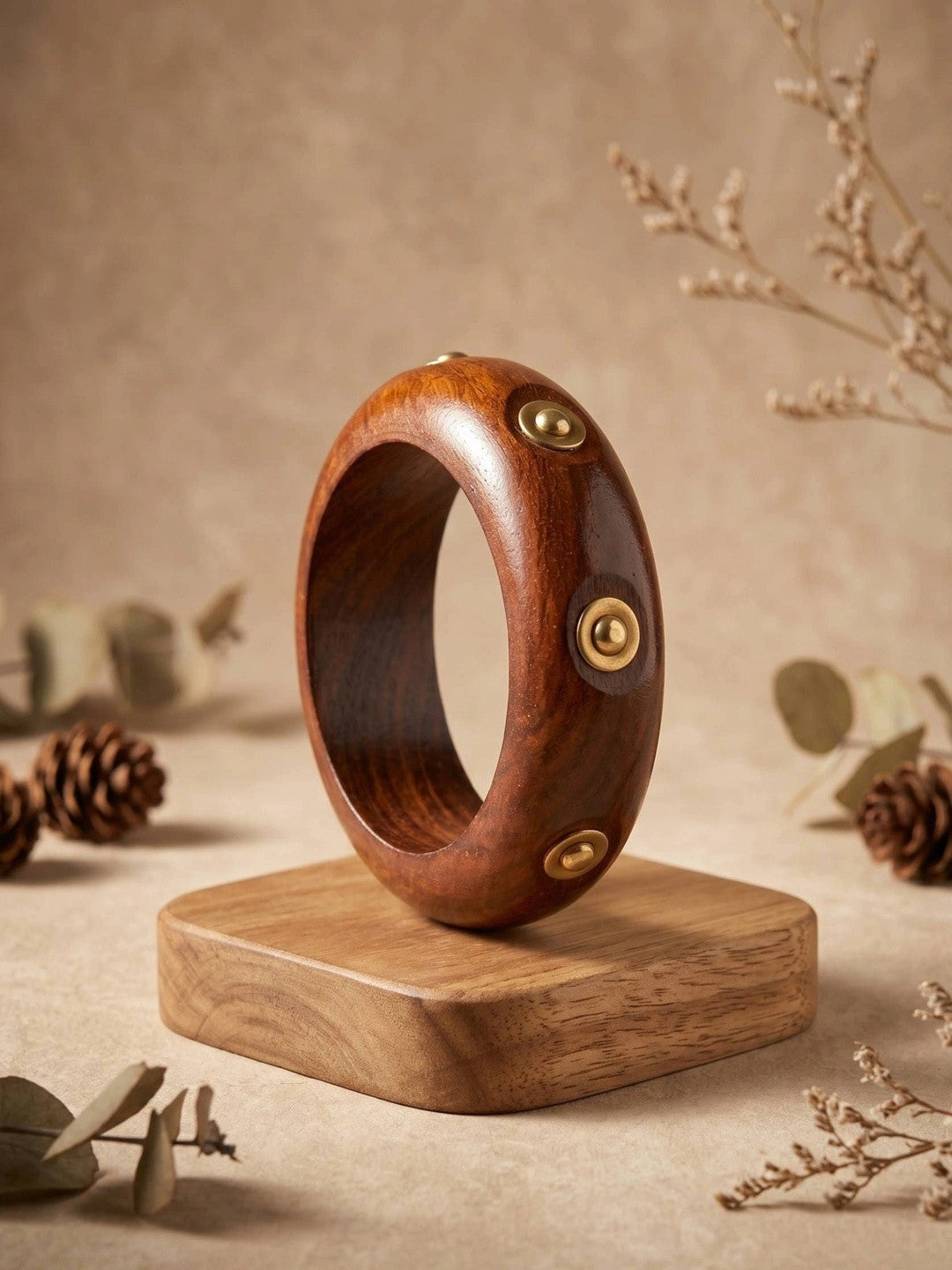 Brass-Studded Wooden Bangle for Women