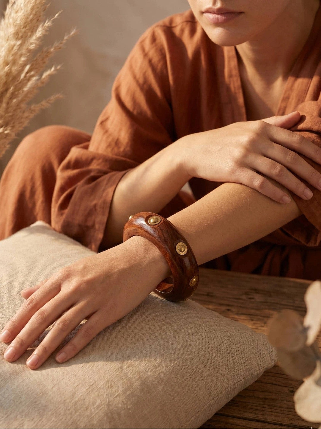 Brass-Studded Wooden Bangle for Women