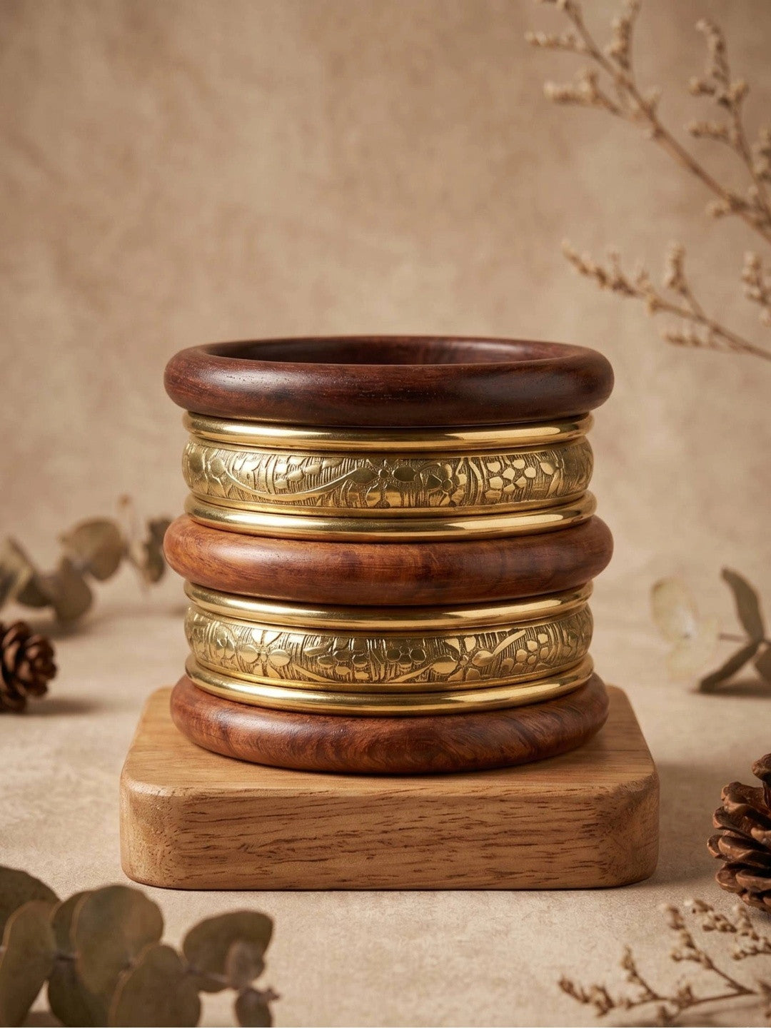 Wood & Gold-Toned Brass Engraved Bangles Set of 8