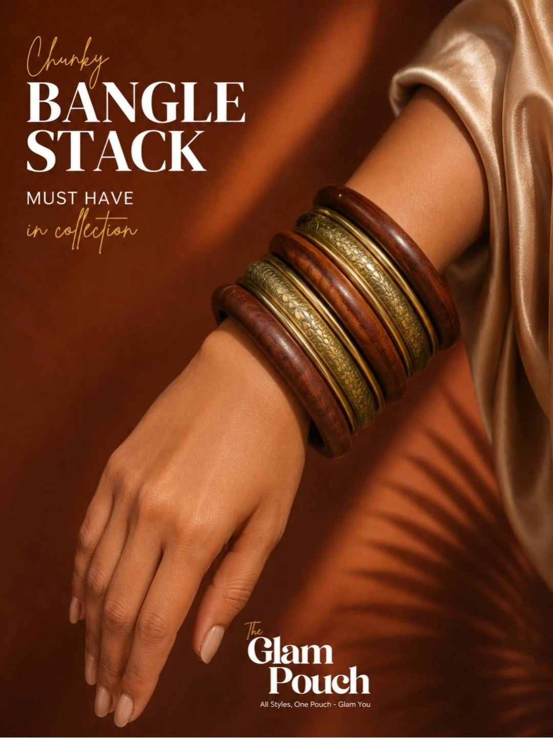 Wood & Gold-Toned Brass Engraved Bangles Set of 8