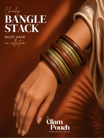 Wood & Gold-Toned Brass Engraved Bangles Set of 8